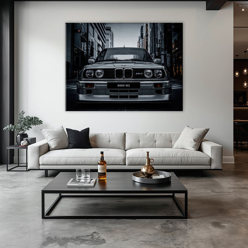 BMW E30 M3 Wall Art – Silver Sports Car Canvas Print- Street Art Cars