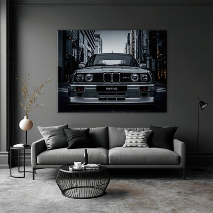 BMW E30 M3 Wall Art – Silver Sports Car Canvas Print- Street Art Cars