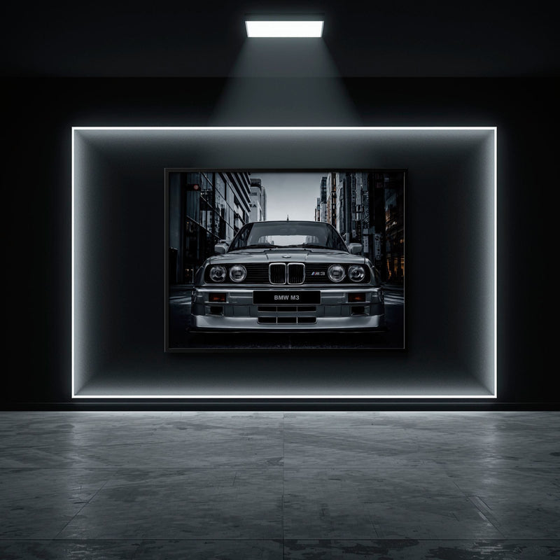 BMW E30 M3 Wall Art – Silver Sports Car Canvas Print- Street Art Cars