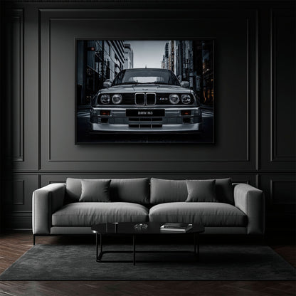 BMW E30 M3 Wall Art – Silver Sports Car Canvas Print- Street Art Cars