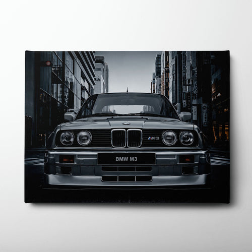 BMW E30 M3 Wall Art – Silver Sports Car Canvas Print- Street Art Cars