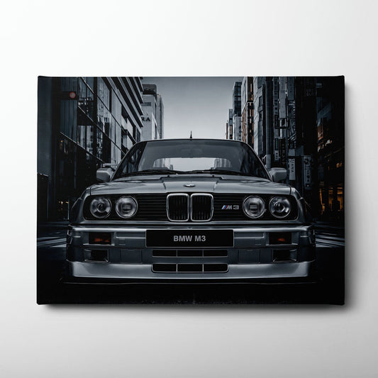 BMW E30 M3 Wall Art – Silver Sports Car Canvas Print- Street Art Cars