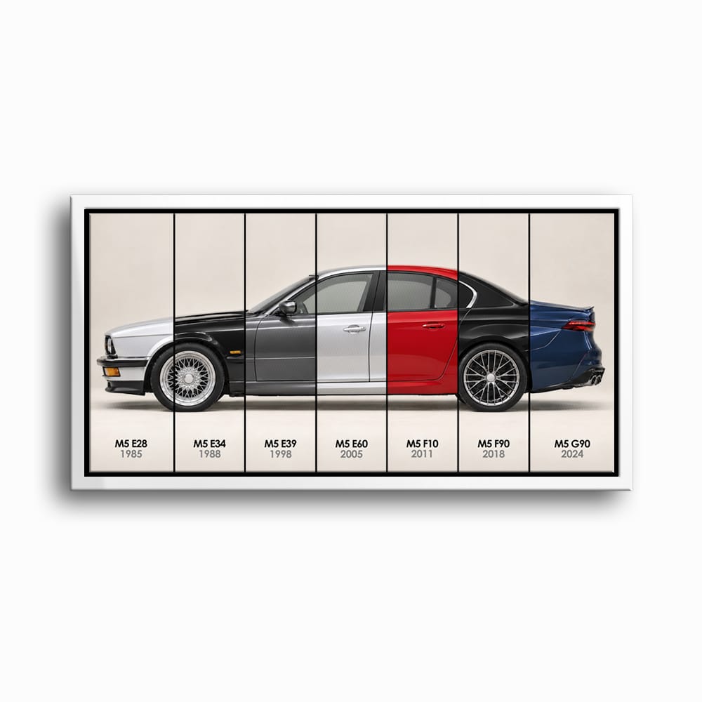 BMW M5 Evolution Poster & Canvas Wall Art | Caveson Framed Canvas / 12х24 / White Cars