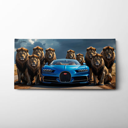 Bugatti Chiron Lion Guard Wall Art – Blue Supercar Safari Canvas Print Cars
