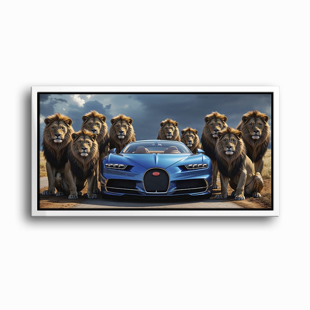 Bugatti Chiron Lion Guard Wall Art – Blue Supercar Safari Canvas Print Cars