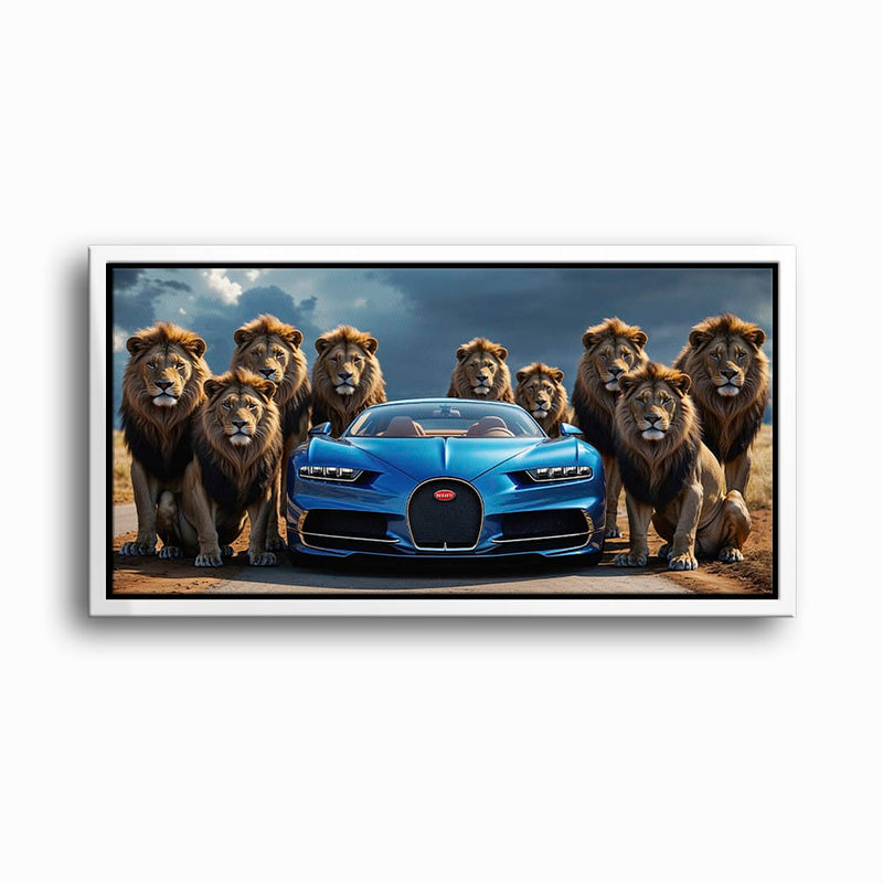 Bugatti Chiron Lion Guard Wall Art – Blue Supercar Safari Canvas Print Cars