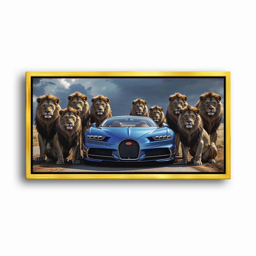 Bugatti Chiron Lion Guard Wall Art – Blue Supercar Safari Canvas Print Cars
