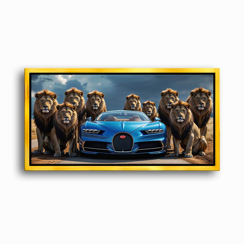 Bugatti Chiron Lion Guard Wall Art – Blue Supercar Safari Canvas Print Cars