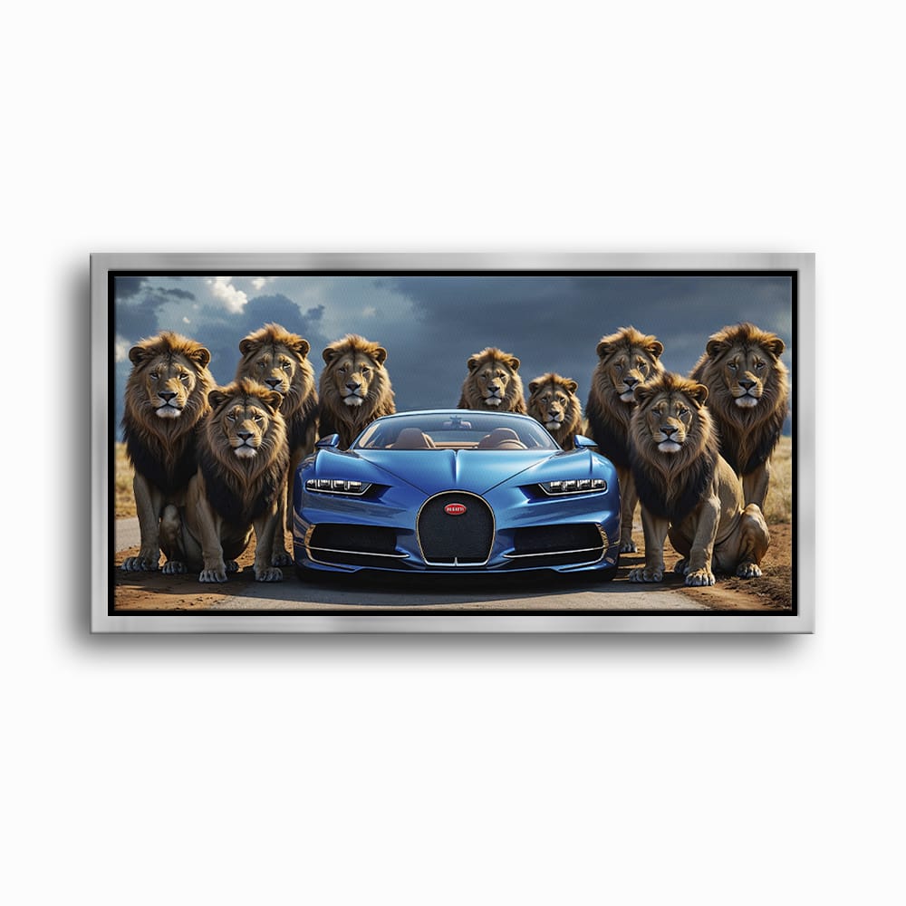 Bugatti Chiron Lion Guard Wall Art – Blue Supercar Safari Canvas Print Cars