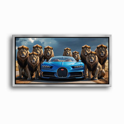 Bugatti Chiron Lion Guard Wall Art – Blue Supercar Safari Canvas Print Cars