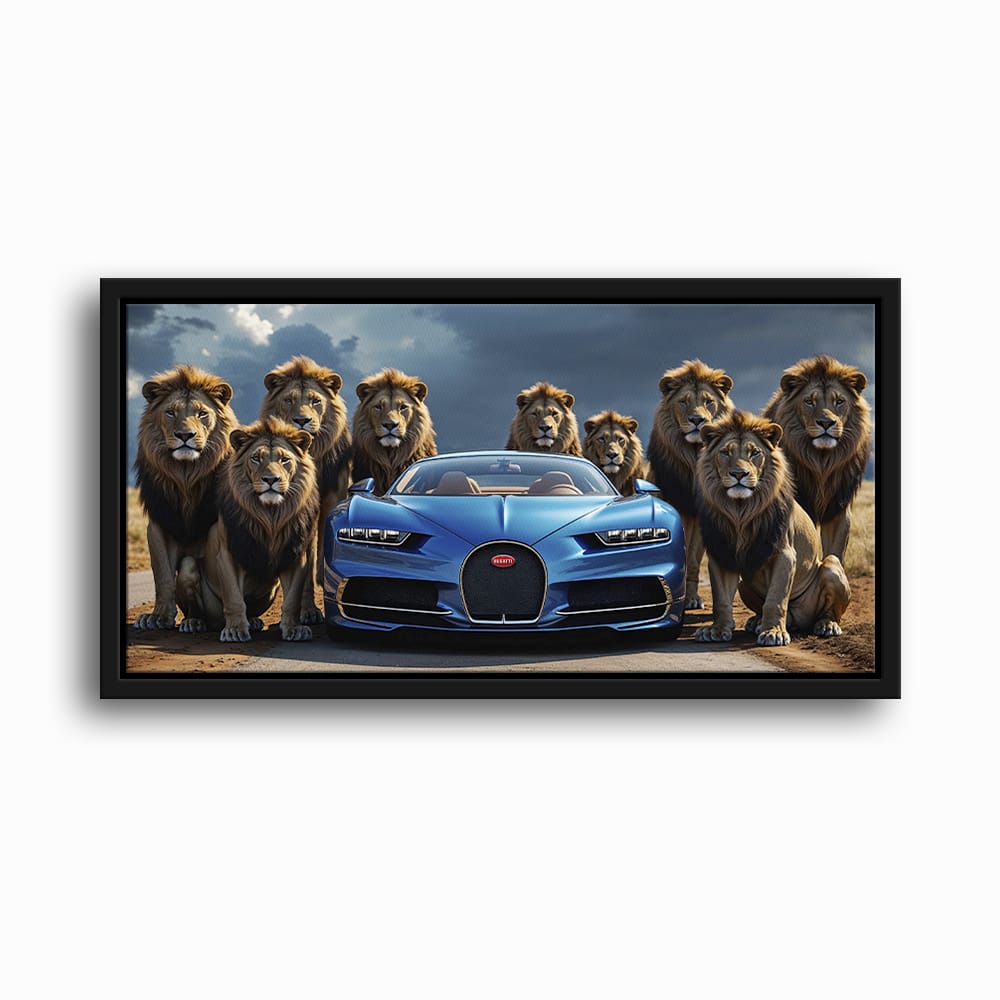 Bugatti Chiron Lion Guard Wall Art – Blue Supercar Safari Canvas Print Cars