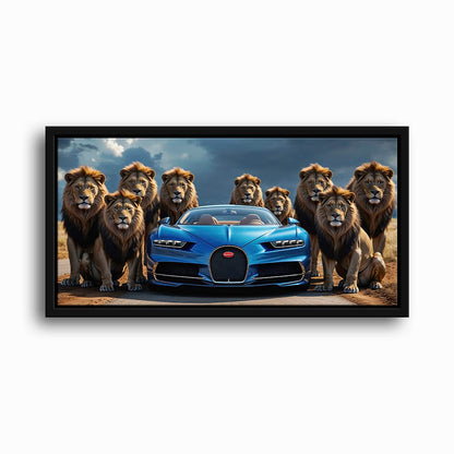 Bugatti Chiron Lion Guard Wall Art – Blue Supercar Safari Canvas Print Cars