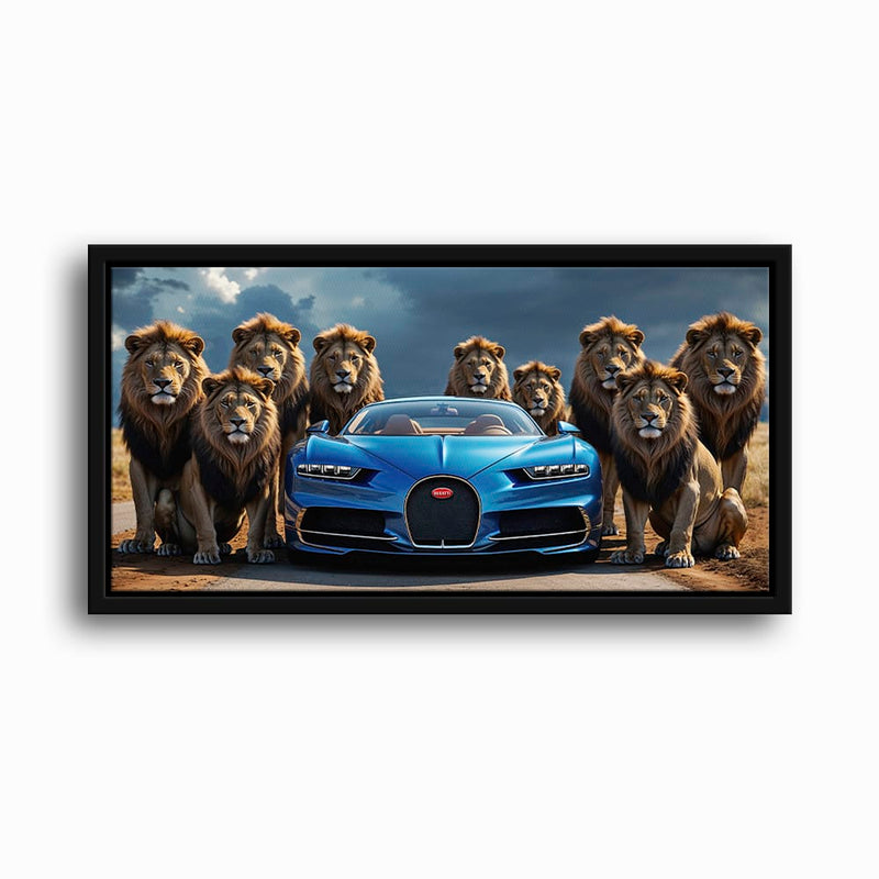 Bugatti Chiron Lion Guard Wall Art – Blue Supercar Safari Canvas Print Cars