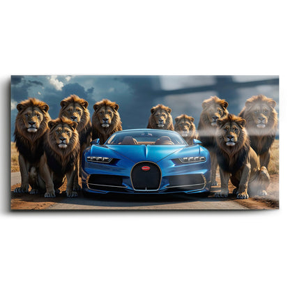 Bugatti Chiron Lion Guard Wall Art – Blue Supercar Safari Canvas Print Cars