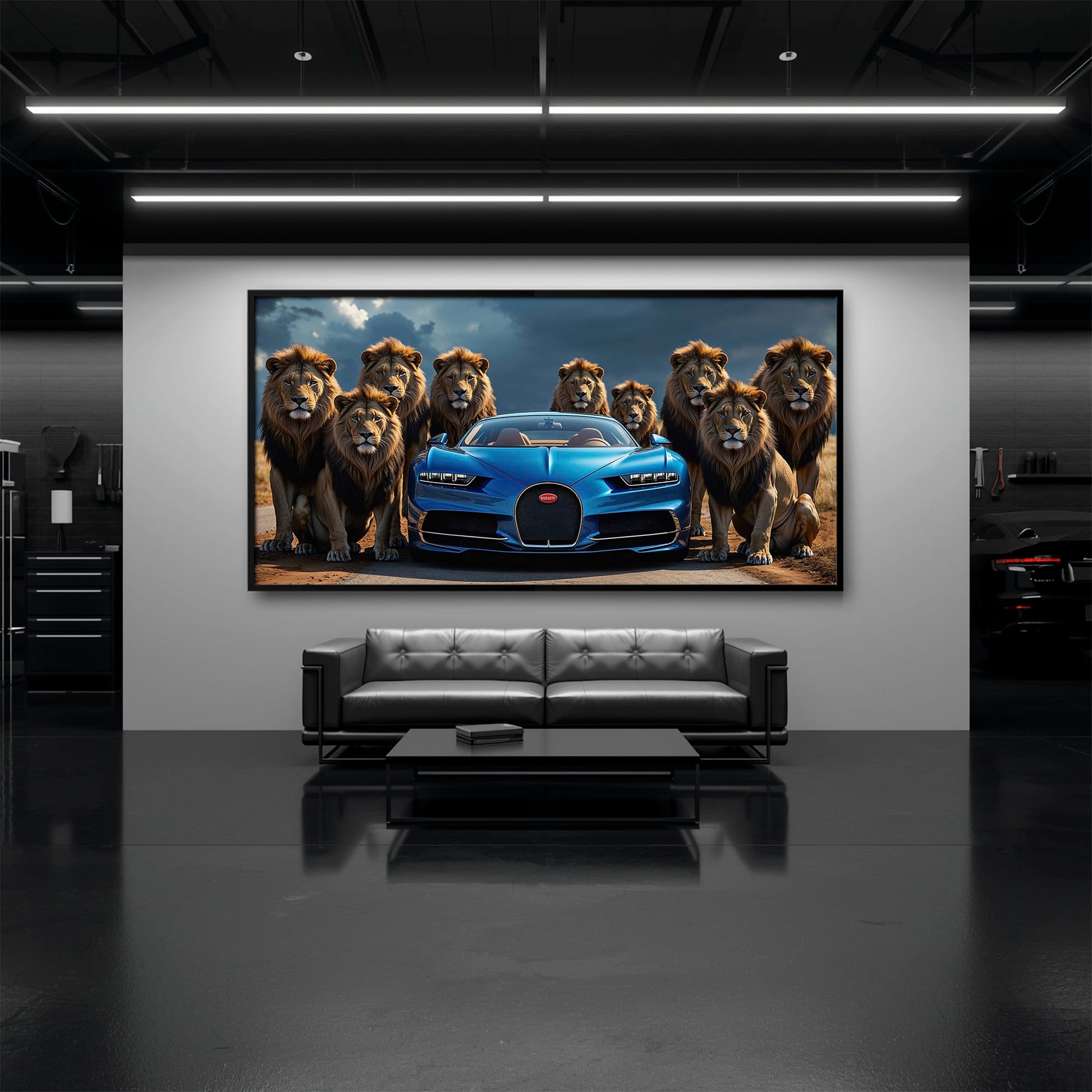 Bugatti Chiron Lion Guard Wall Art – Blue Supercar Safari Canvas Print Cars