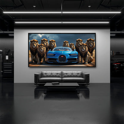 Bugatti Chiron Lion Guard Wall Art – Blue Supercar Safari Canvas Print Cars
