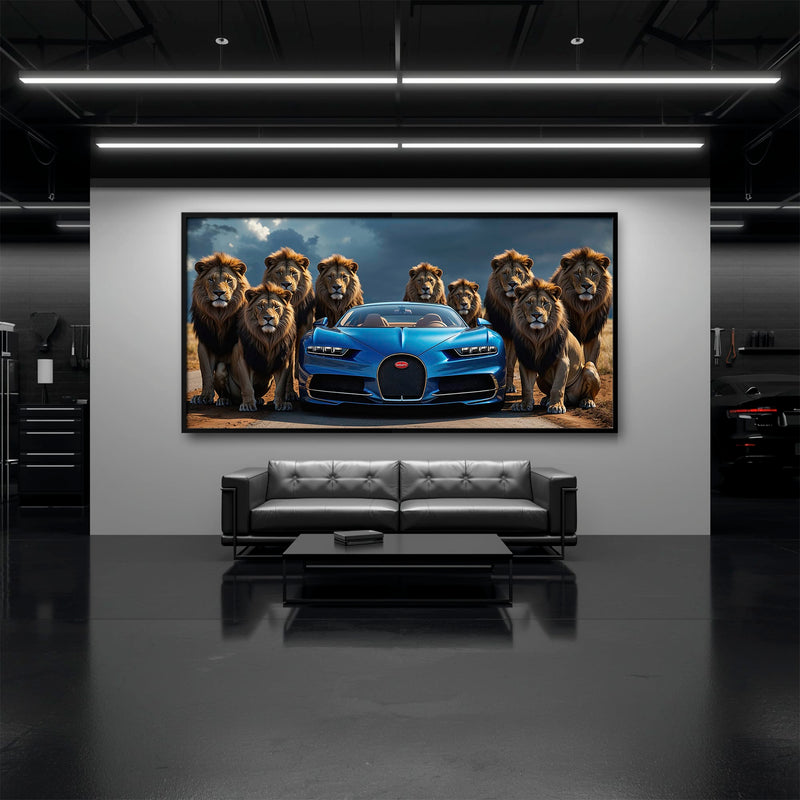 Bugatti Chiron Lion Guard Wall Art – Blue Supercar Safari Canvas Print Cars