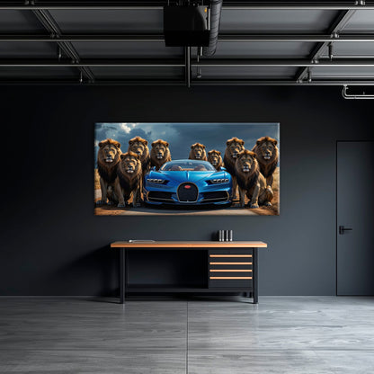 Bugatti Chiron Lion Guard Wall Art – Blue Supercar Safari Canvas Print Cars