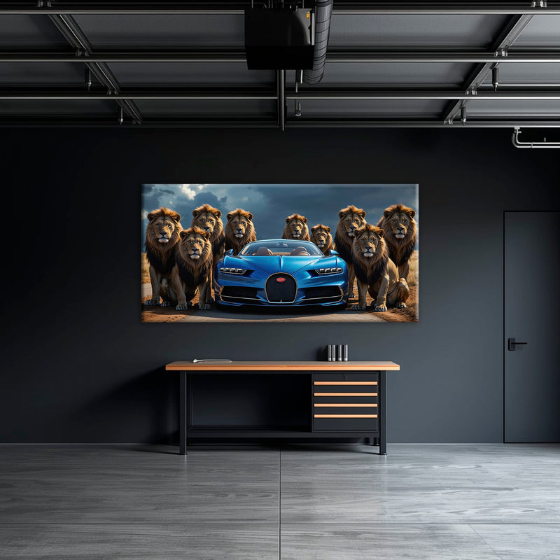Bugatti Chiron Lion Guard Wall Art – Blue Supercar Safari Canvas Print Cars