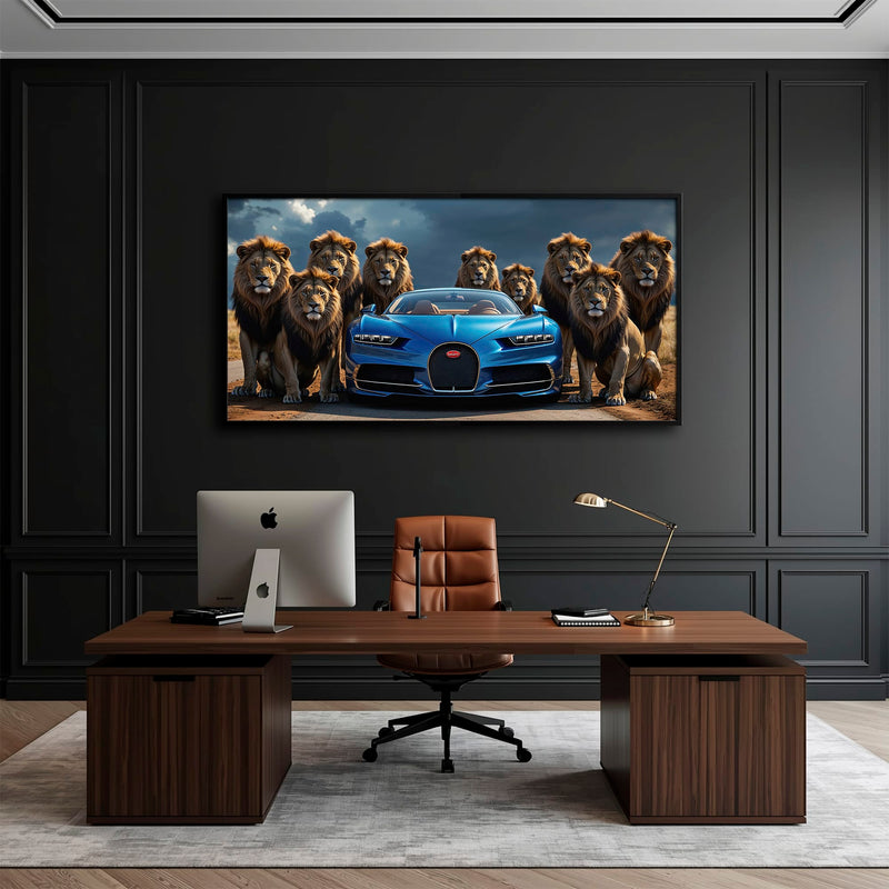 Bugatti Chiron Lion Guard Wall Art – Blue Supercar Safari Canvas Print Cars