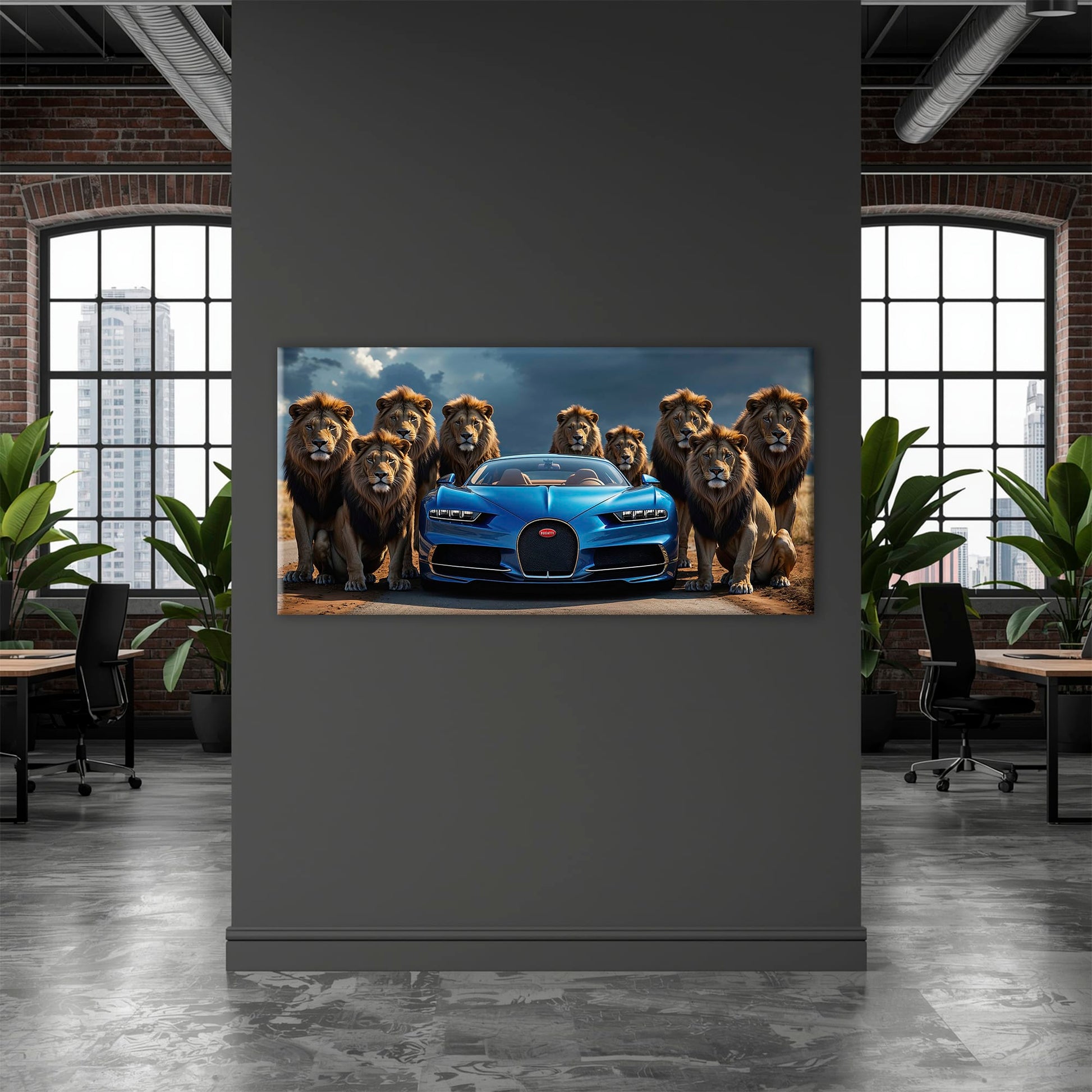 Bugatti Chiron Lion Guard Wall Art – Blue Supercar Safari Canvas Print Cars