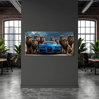 Bugatti Chiron Lion Guard Wall Art – Blue Supercar Safari Canvas Print Cars