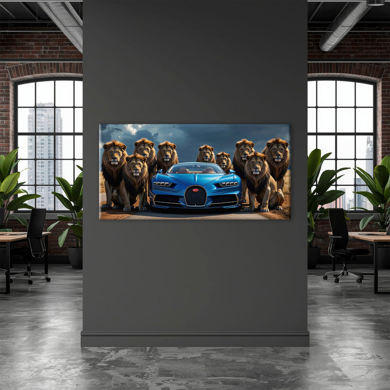 Bugatti Chiron Lion Guard Wall Art – Blue Supercar Safari Canvas Print Cars