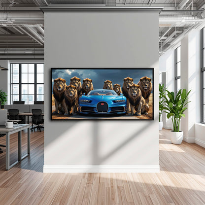 Bugatti Chiron Lion Guard Wall Art – Blue Supercar Safari Canvas Print Cars