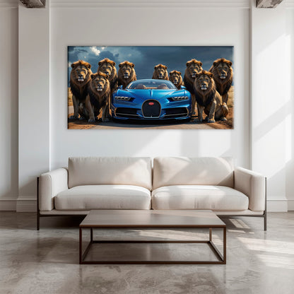 Bugatti Chiron Lion Guard Wall Art – Blue Supercar Safari Canvas Print Cars