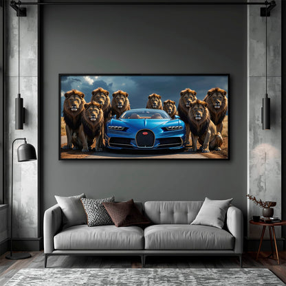 Bugatti Chiron Lion Guard Wall Art – Blue Supercar Safari Canvas Print Cars