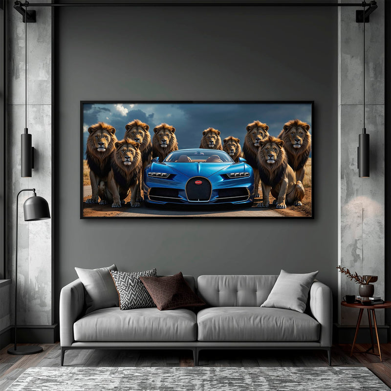 Bugatti Chiron Lion Guard Wall Art – Blue Supercar Safari Canvas Print Cars