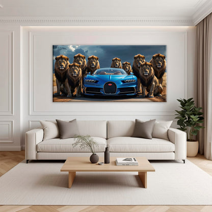 Bugatti Chiron Lion Guard Wall Art – Blue Supercar Safari Canvas Print Cars