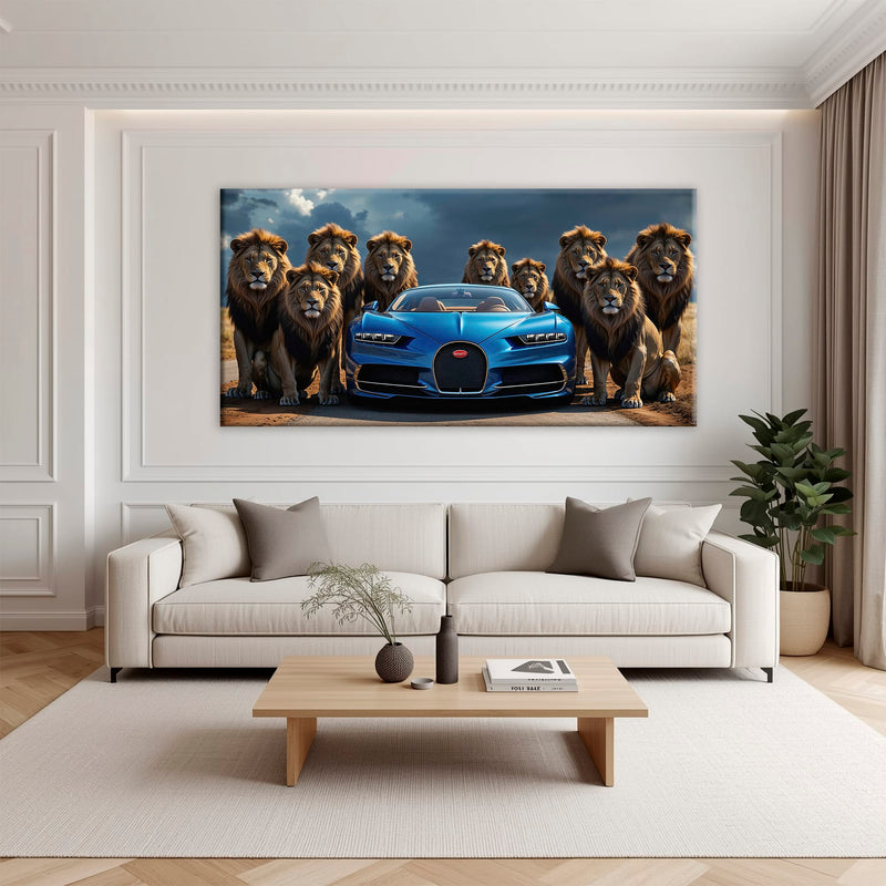 Bugatti Chiron Lion Guard Wall Art – Blue Supercar Safari Canvas Print Cars