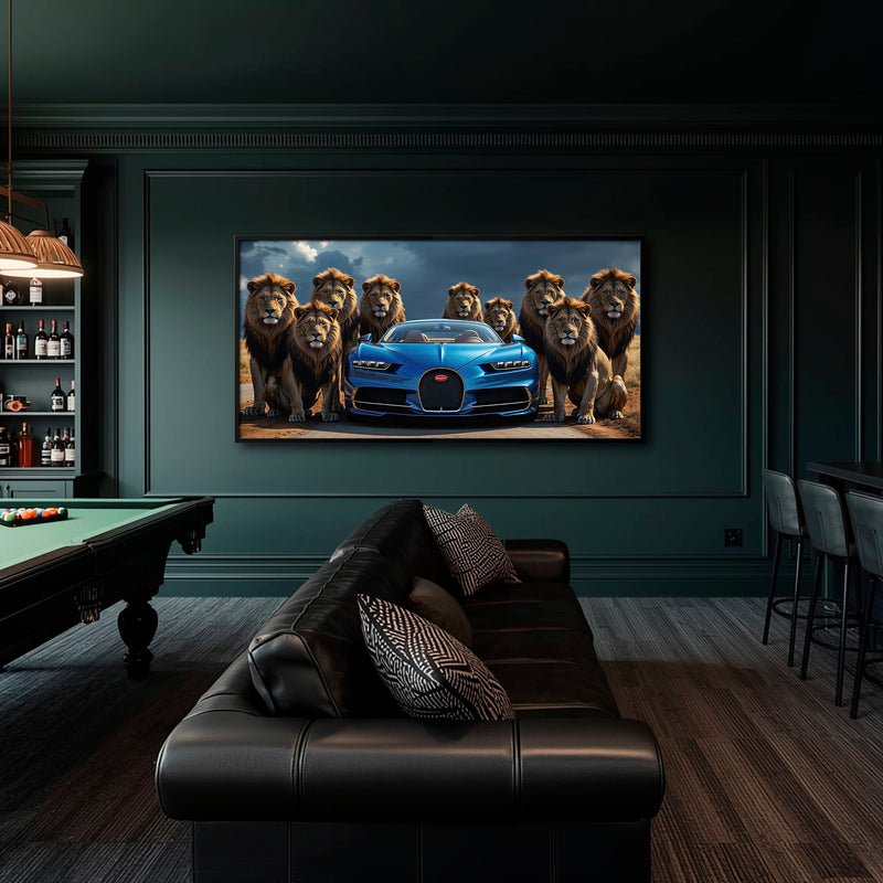 Bugatti Chiron Lion Guard Wall Art – Blue Supercar Safari Canvas Print Cars