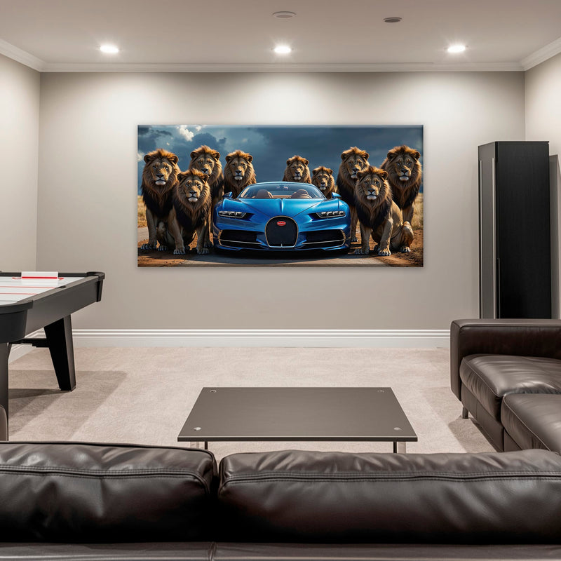 Bugatti Chiron Lion Guard Wall Art – Blue Supercar Safari Canvas Print Cars