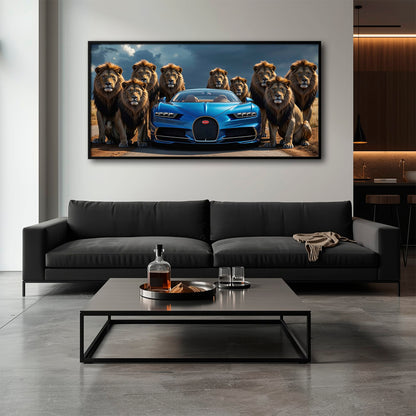 Bugatti Chiron Lion Guard Wall Art – Blue Supercar Safari Canvas Print Cars