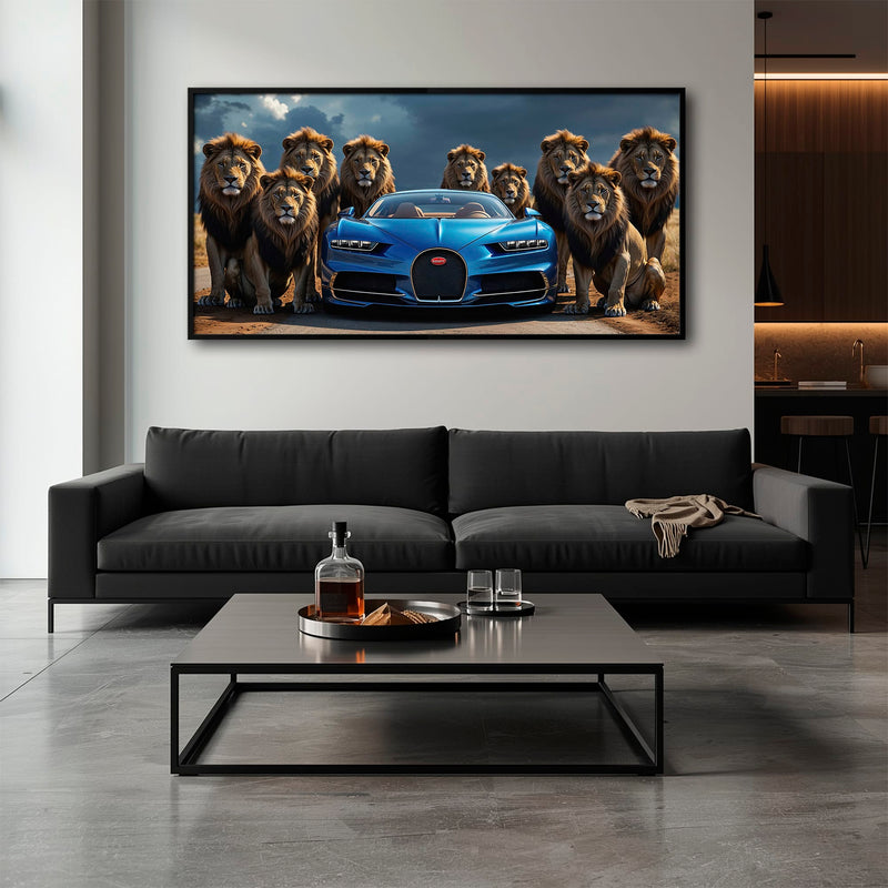 Bugatti Chiron Lion Guard Wall Art – Blue Supercar Safari Canvas Print Cars