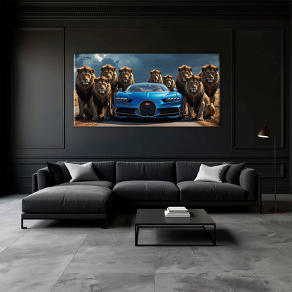 Bugatti Chiron Lion Guard Wall Art – Blue Supercar Safari Canvas Print Cars