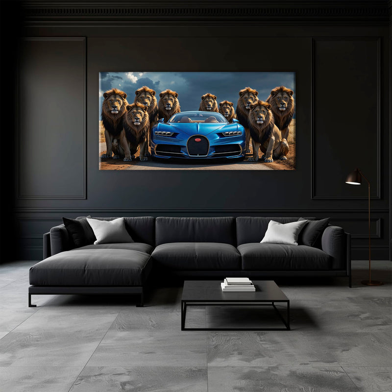 Bugatti Chiron Lion Guard Wall Art – Blue Supercar Safari Canvas Print Cars