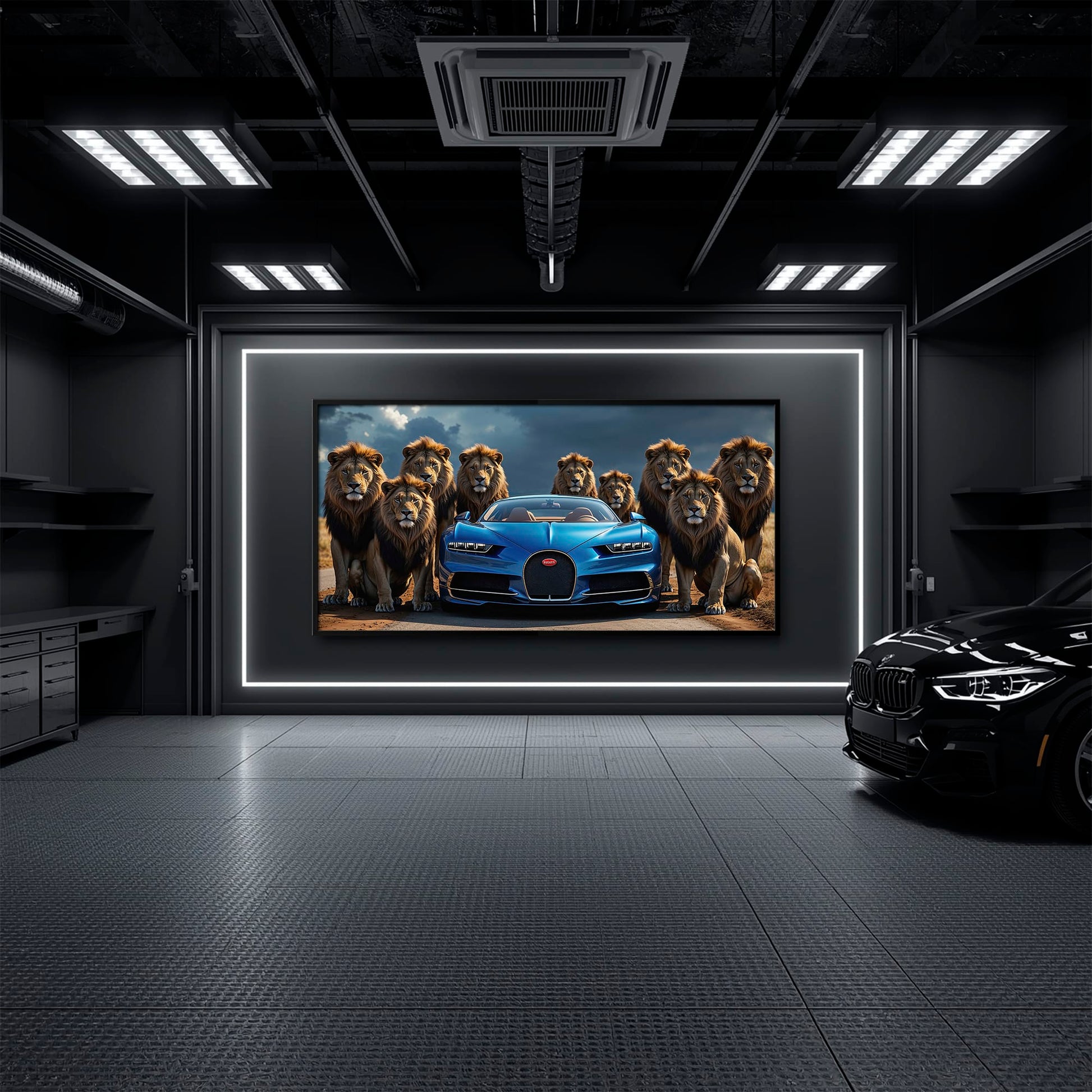 Bugatti Chiron Lion Guard Wall Art – Blue Supercar Safari Canvas Print Cars