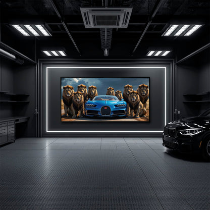 Bugatti Chiron Lion Guard Wall Art – Blue Supercar Safari Canvas Print Cars