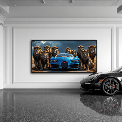 Bugatti Chiron Lion Guard Wall Art – Blue Supercar Safari Canvas Print Cars