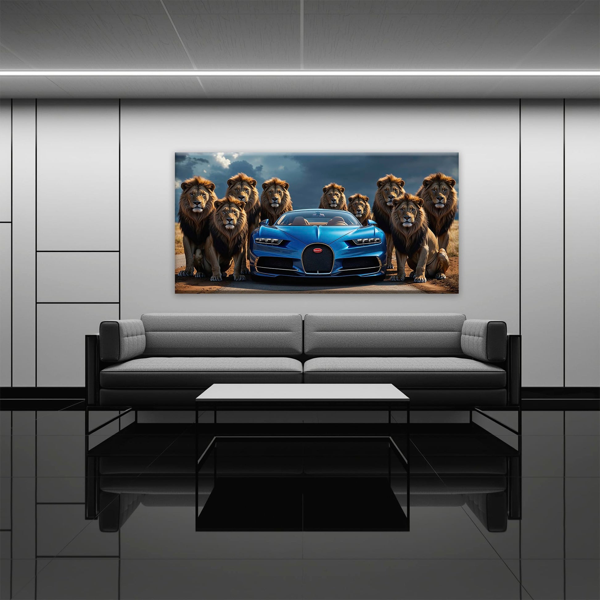 Bugatti Chiron Lion Guard Wall Art – Blue Supercar Safari Canvas Print Cars