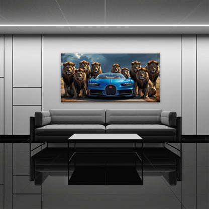 Bugatti Chiron Lion Guard Wall Art – Blue Supercar Safari Canvas Print Cars