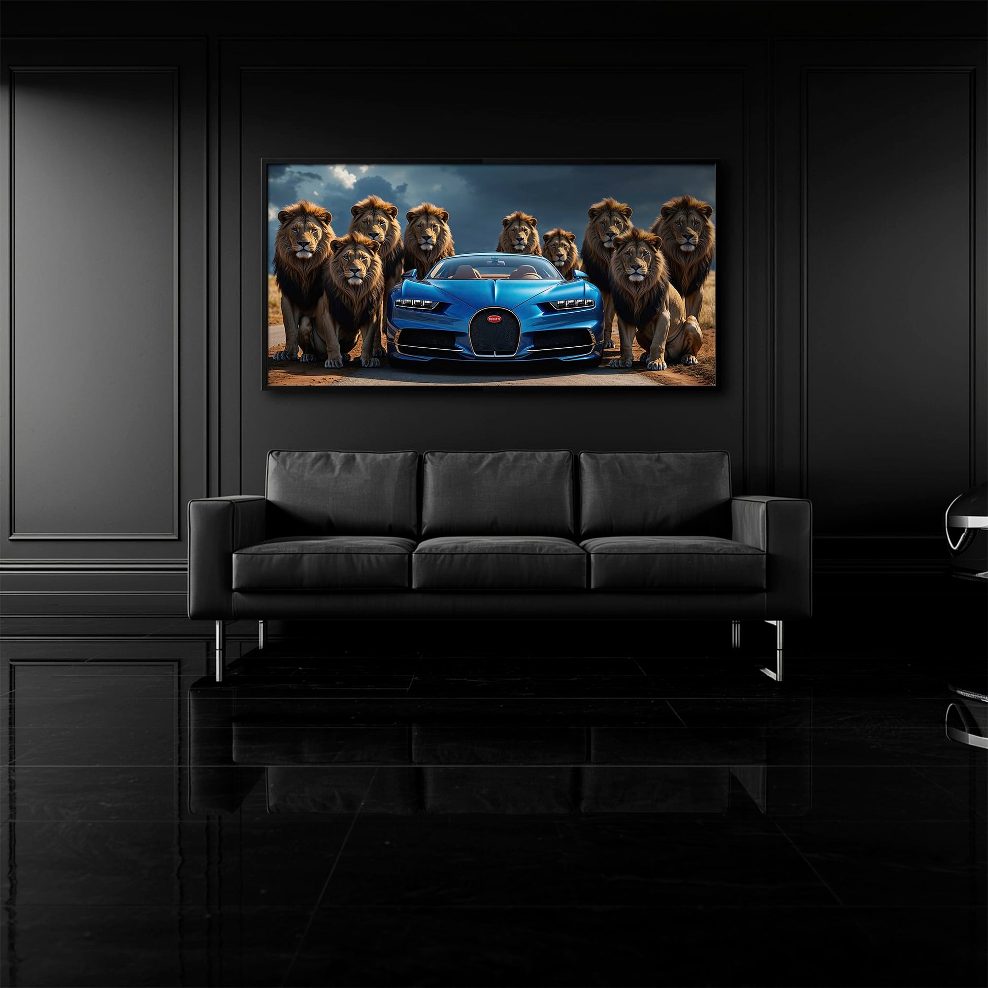 Bugatti Chiron Lion Guard Wall Art – Blue Supercar Safari Canvas Print Cars