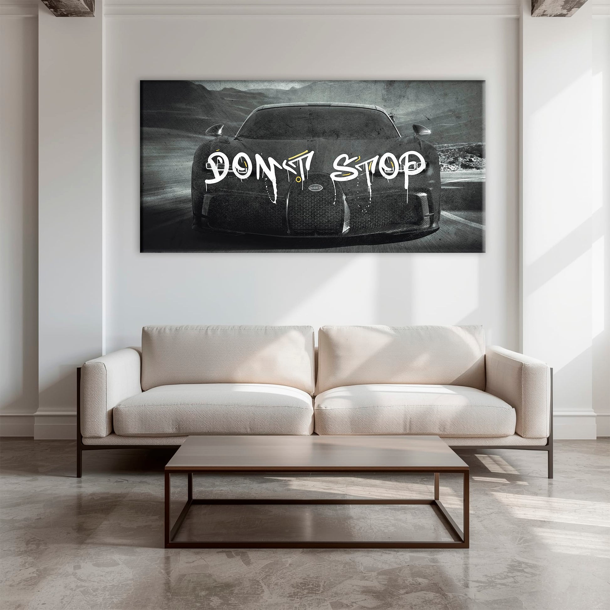 Bugatti Don’t Stop Wall Art – Black Hypercar Motivational Canvas Print Cars