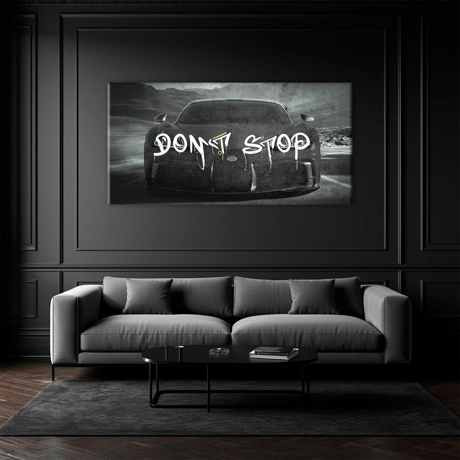 Bugatti Don’t Stop Wall Art – Black Hypercar Motivational Canvas Print Cars