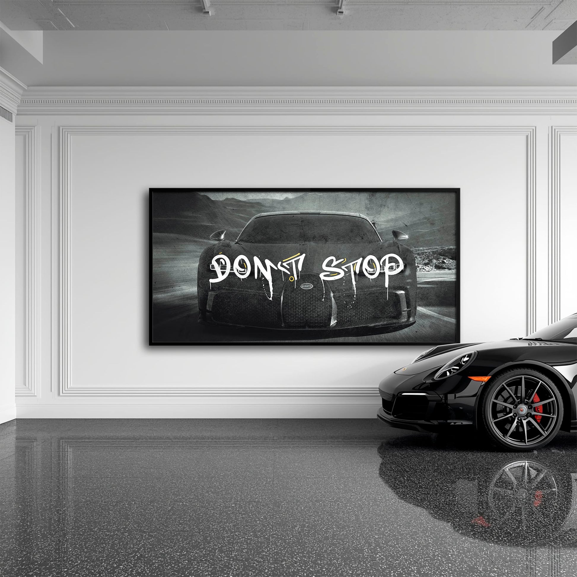 Bugatti Don’t Stop Wall Art – Black Hypercar Motivational Canvas Print Cars