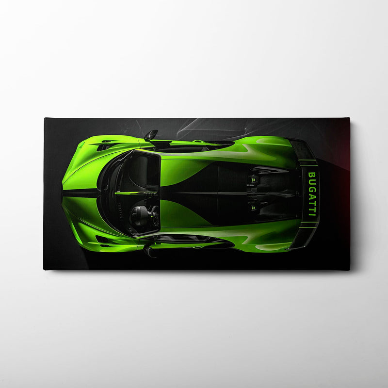Bugatti Neon Charge Wall Art – Green Top View Hypercar Canvas Print Cars