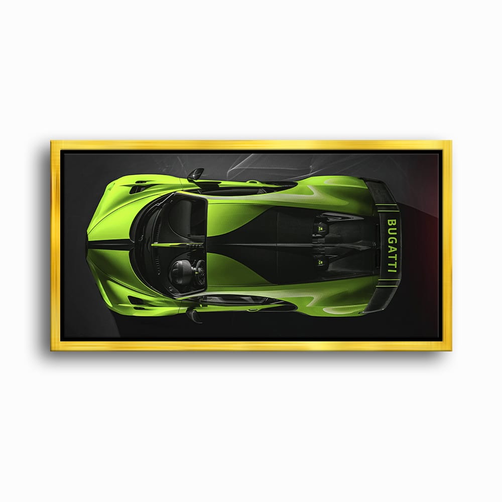 Bugatti Neon Charge Wall Art – Green Top View Hypercar Canvas Print Cars